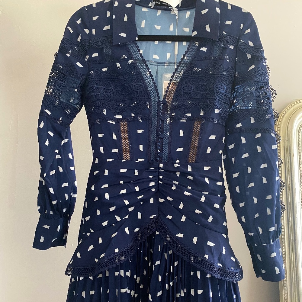 self-portrait sail print lace trim mini dress